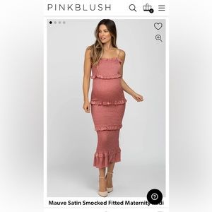 Mable by PinkBlush Mauve Satin Smocked Fitted Maternity Midi Dress
